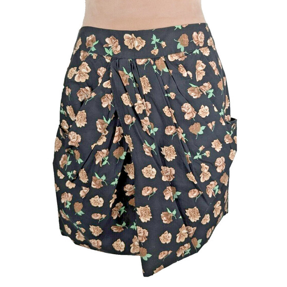 THAKOON Ruched Front Silk Floral Rose Black Brown Mini Skirt Sz 6 Retro - Picture 1 of 12
